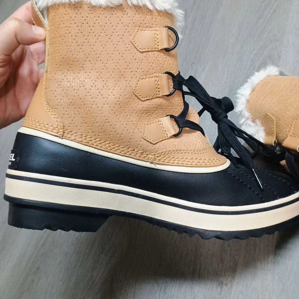 SOREL NL 1631-280 TIVOLI Waterproof Tan Black Fur Leather WINTER BOOTS 8.5